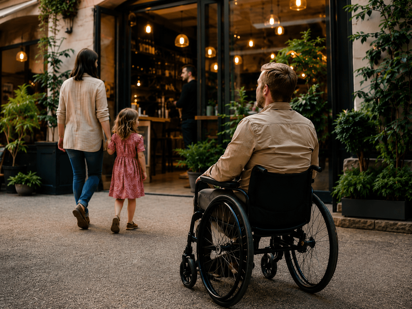 People arriving at a café with step-free access, including a wheelchair user