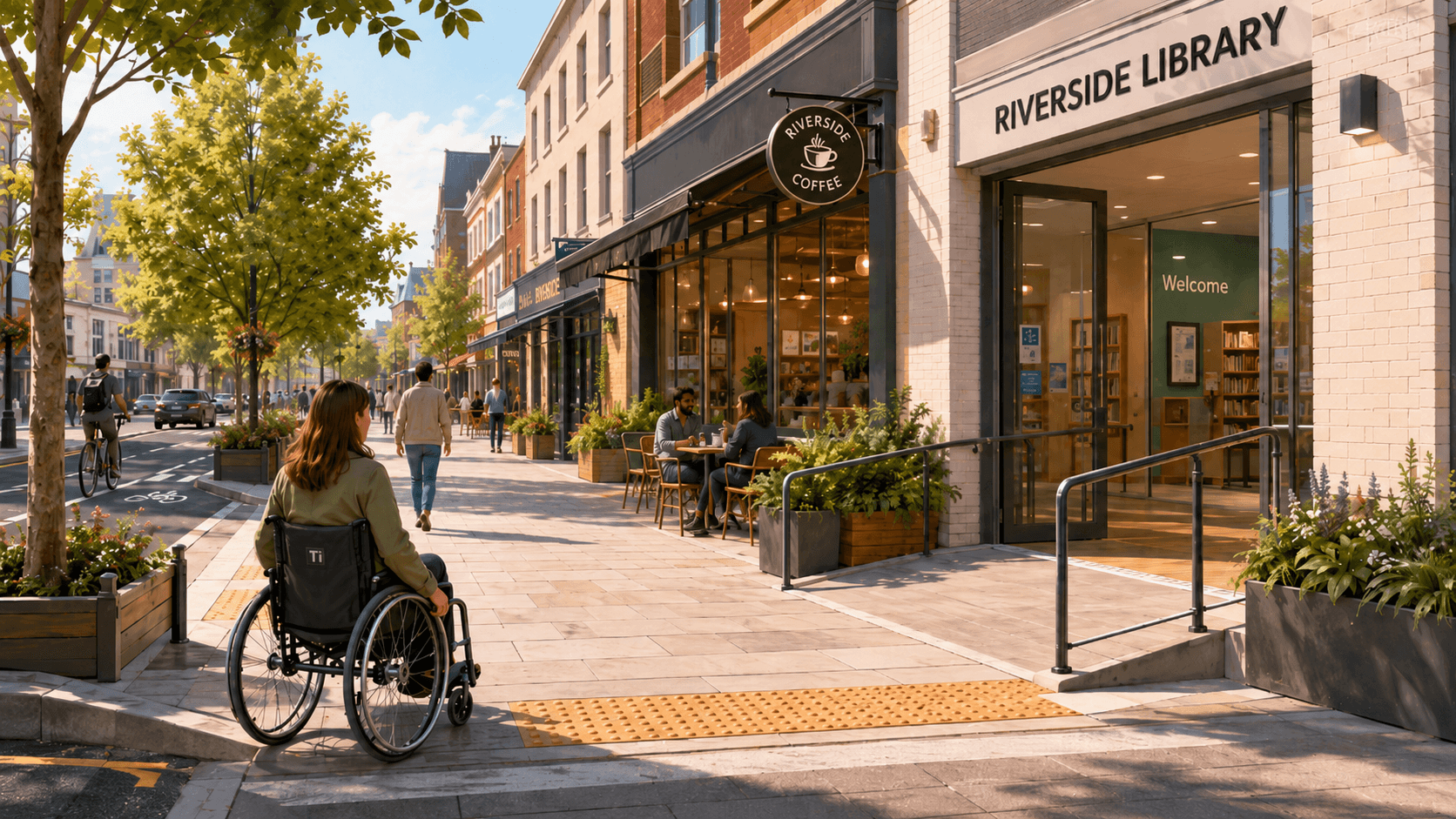 Accessible city street with step-free library entrance and a wheelchair user on tactile paving