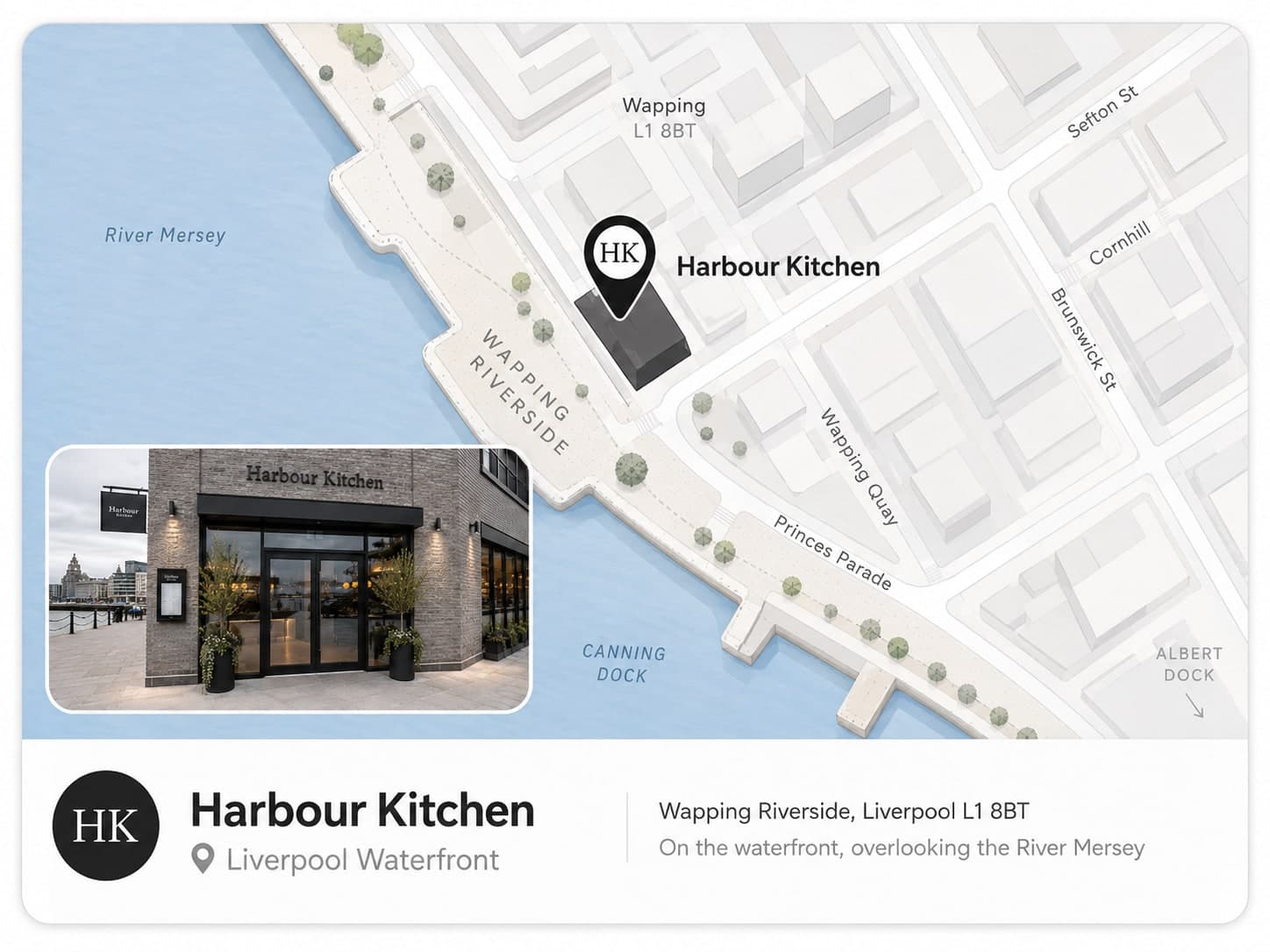 Map snapshot of Liverpool city centre showing Harbour Kitchen and surrounding streets